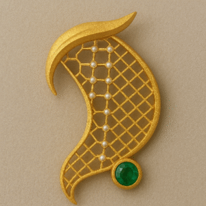 A structured gold brooch made of radiating Jaali-inspired lines with a central gemstone core, symbolizing strength and centered clarity.